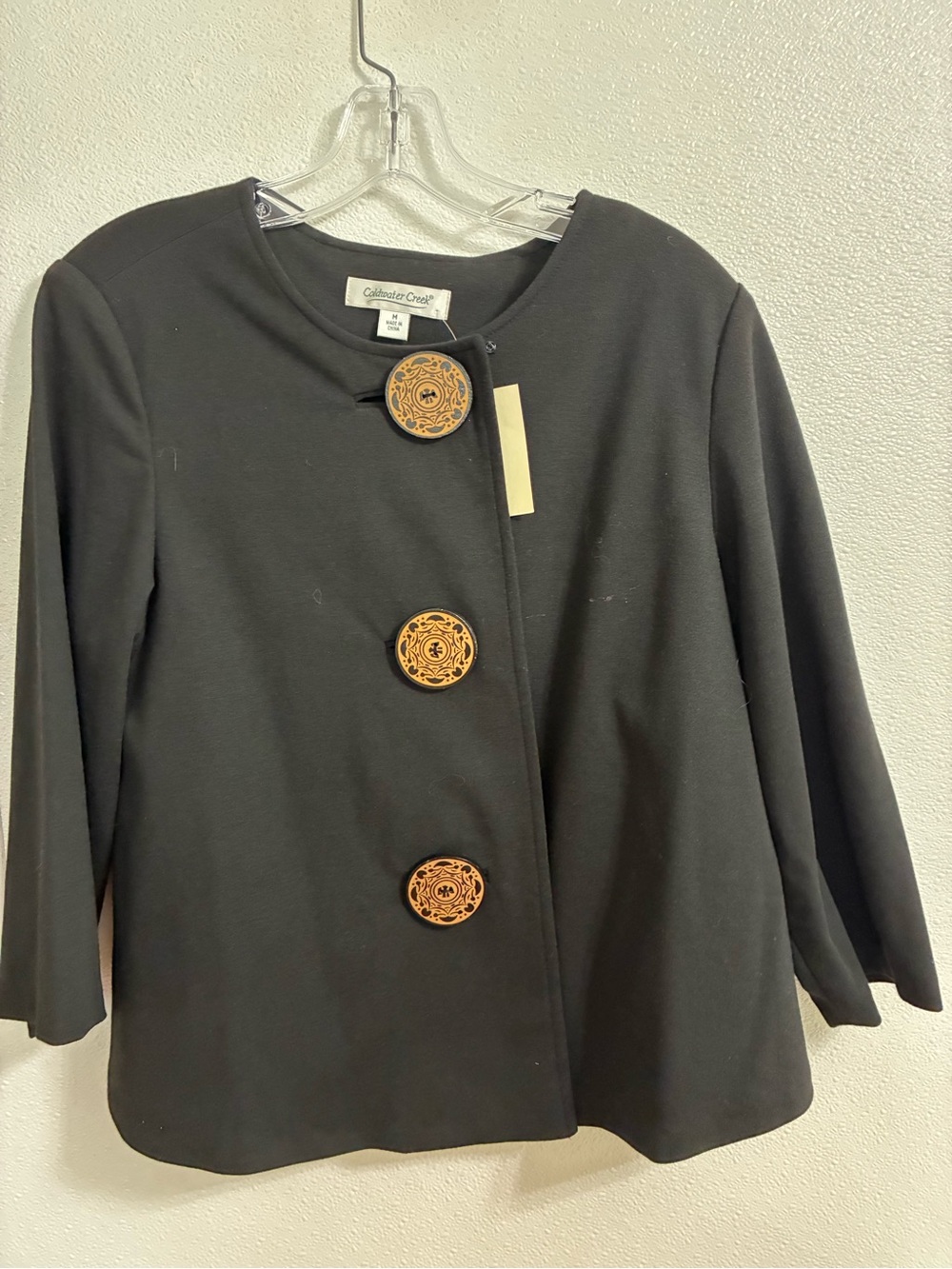Coldwater Creek Swing Pointe Black Jacket with  Gold-Tone Wooden Button NWT